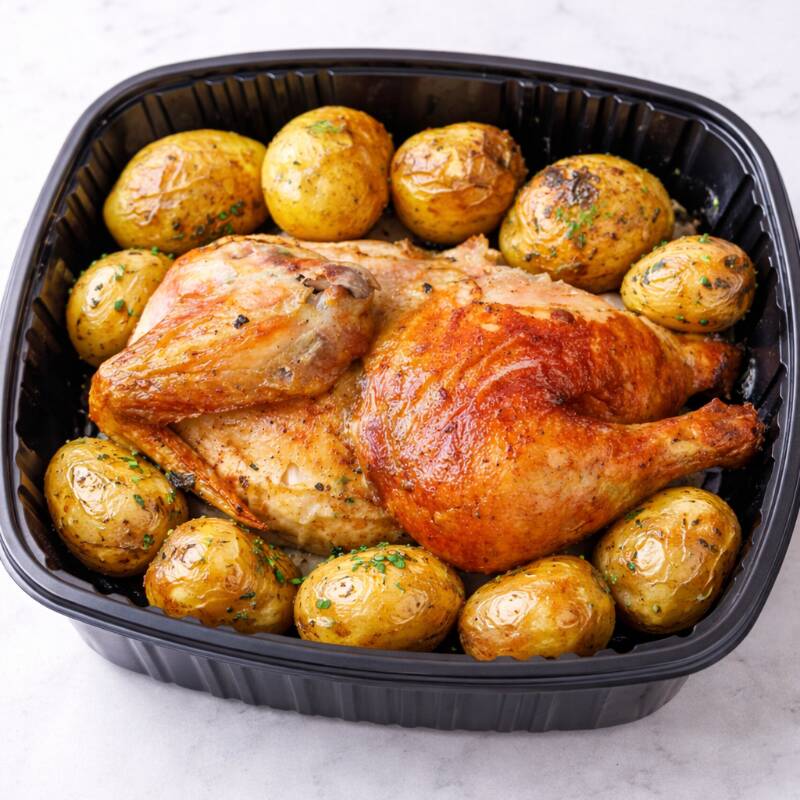 Delicioso meio frango assado bem temperado, suculento por dentro e com pele dourada e crocante. Acompanha batatas bolinhas assadas, macias e saborosas, e uma farofa caseira crocante que completa o prato. Perfeito para o seu almoço ou jantar, com aquele sabor de comida caseira, feito no capricho!