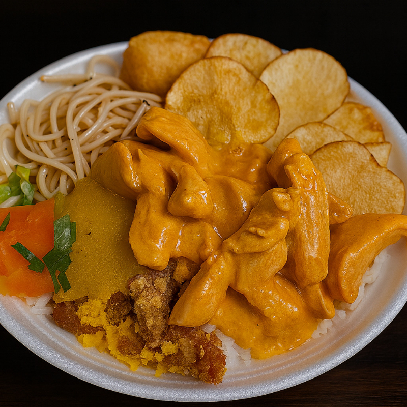 Arroz soltinho, feijão preto, farofa temperada, macarrão ao ponto, legumes, batata frita Chips crocante, bolinho de arroz e nosso strogonoff de frango, cremoso e bem servido e salada para acompanhar.