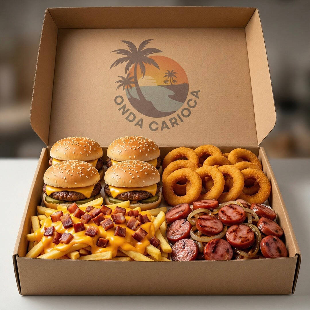 4 CHEESE TUDO + 10 ANÉIS DE CEBOLA + CALABRESA + BATATA COM CHEDDAR E BACON