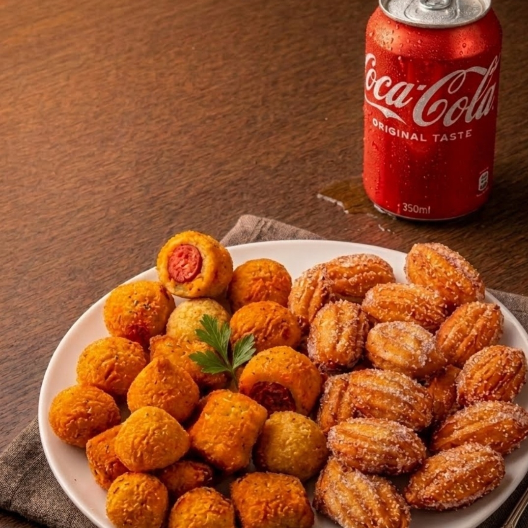 25 mini salgados sortidos, 1 Coca-Cola lata 350 ml e 15 mini churros recheados com doce de leite. A combinação perfeita de salgado, doce e refrigerante para compartilhar ou aproveitar a qualquer hora. Preparado na hora, com muito sabor e qualidade.