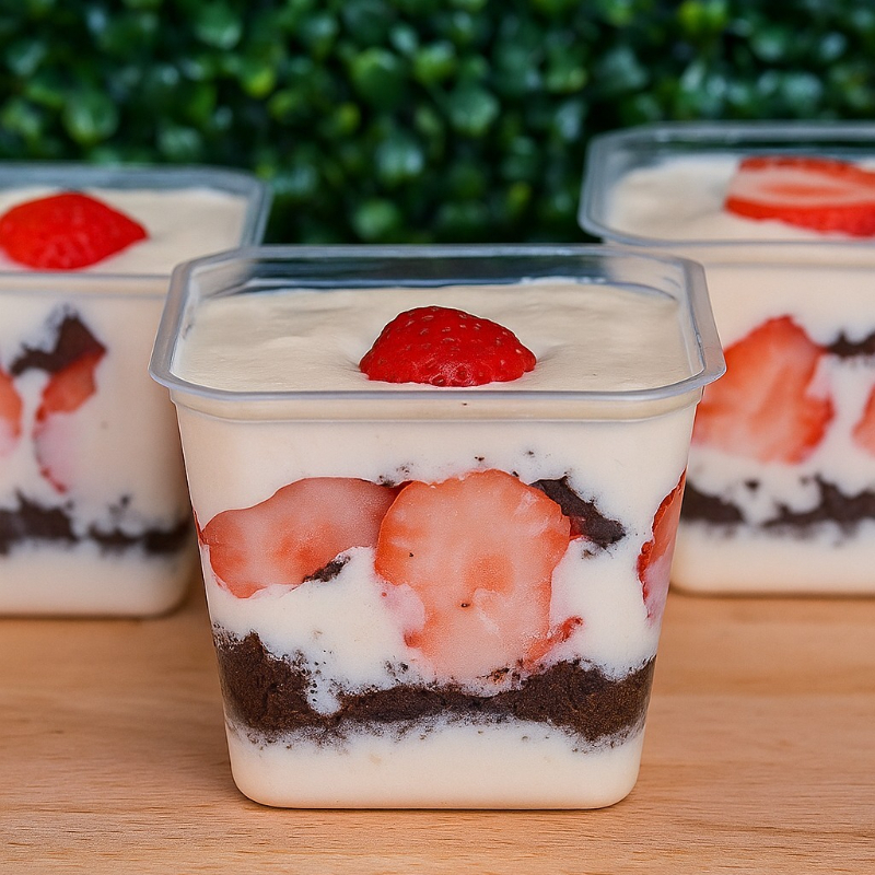 O bolo no pote, tem duas camada de bolo , com duas camadas de recheio de creme de leite Ninho, com pedaços de morango , finalizado com um pedaço de morango.