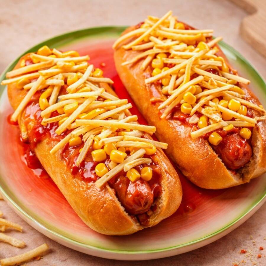 Pão macio, maionese, 2 salsicha, purê de batatas cremoso, ervilha, milho e batata palha crocante.🌭