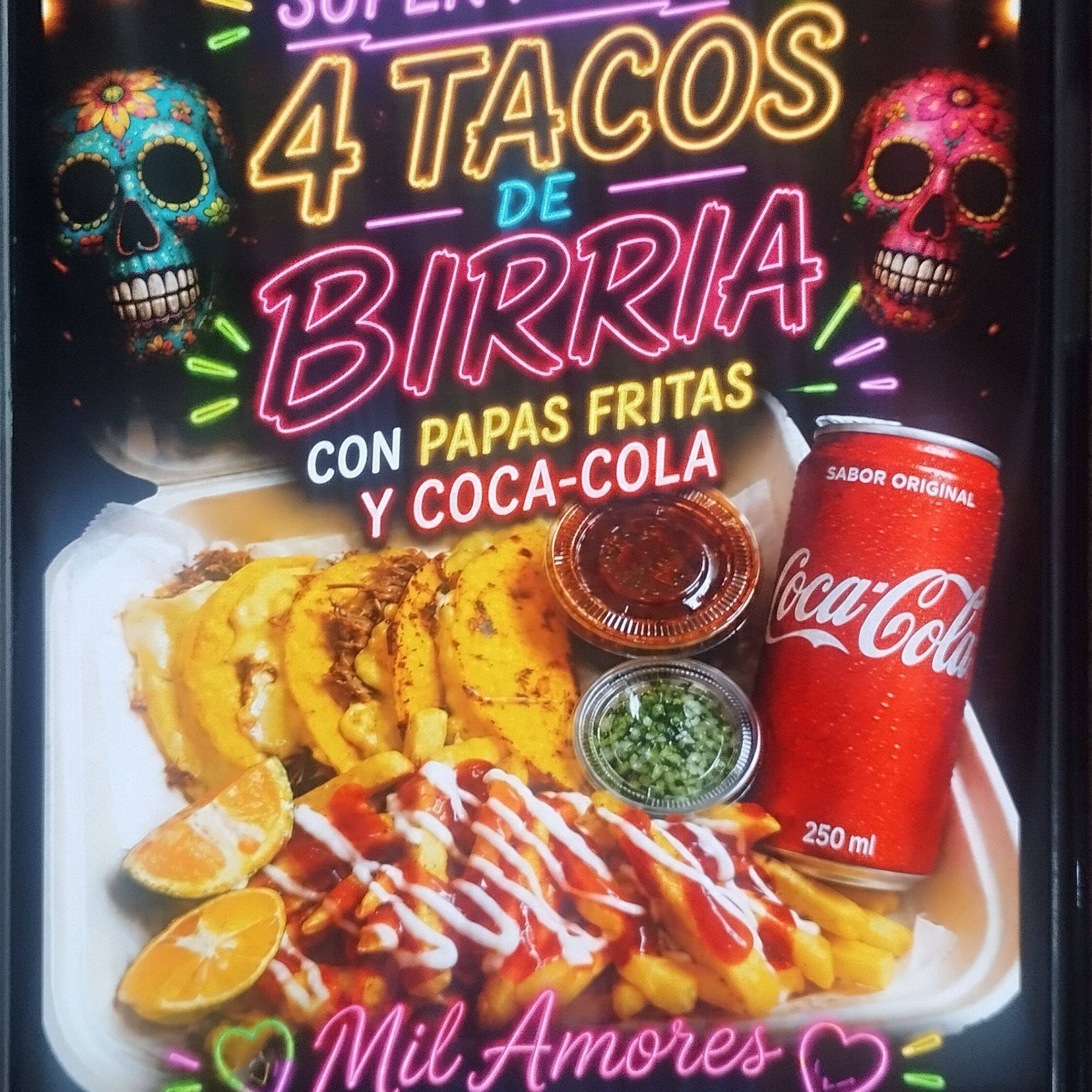 4 Tacos de Birria con Papas y COCA-COLA