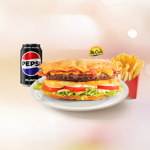 Beirutão de 500 g, pão sírio, um hambúrguer de 180 g, bacon, ovo frito, alface americana, tomate, maionese e um Delicioso Molho Cheddar Cremoso  + Fritas Grande + Refri lata.