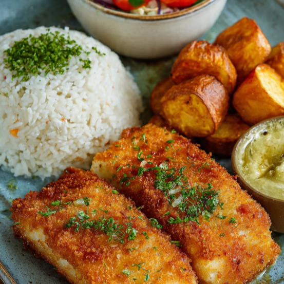 Nosso suculento filé de Peixe com o tempero único da Vó. Vai com arroz de brócolis, farofa de ovos, fritas e salada verde.