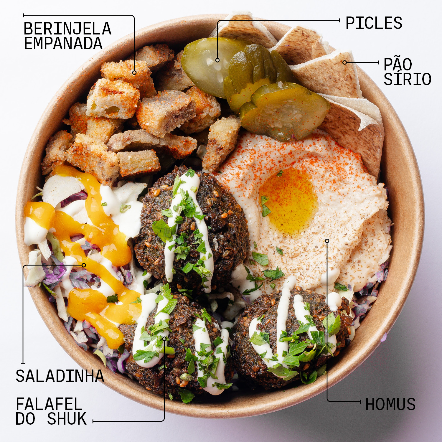 FALAFEL (3 UN.), HOMUS, SALADA BOWL (REPOLHO VERDE, ROXO, CENOURA, TEMPERO E MELAÇO E GERGELIM), BERINJELA EMPANADA CUBOS, PICLES, COM MOLHOS TAHINE, AMBA E PAO SIRIO