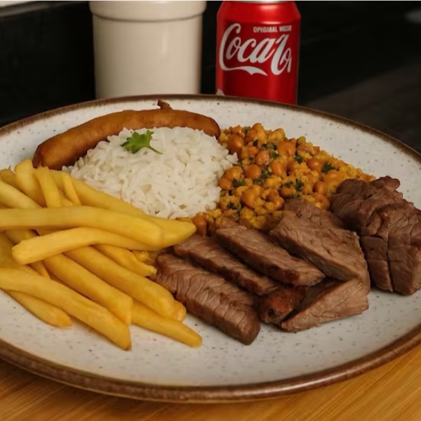 Promoção: 2 marmitex com miolo de alcatra, acompanhamento arroz, feijão tropeiro ou feijão comum, fritas e banana à milanesa.