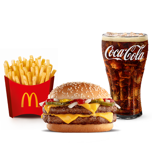 Dois hambúrgueres (100% carne bovina), mostarda, ketchup, cebola, queijo cheddar e pão com gergelim, acompanhamento e bebida