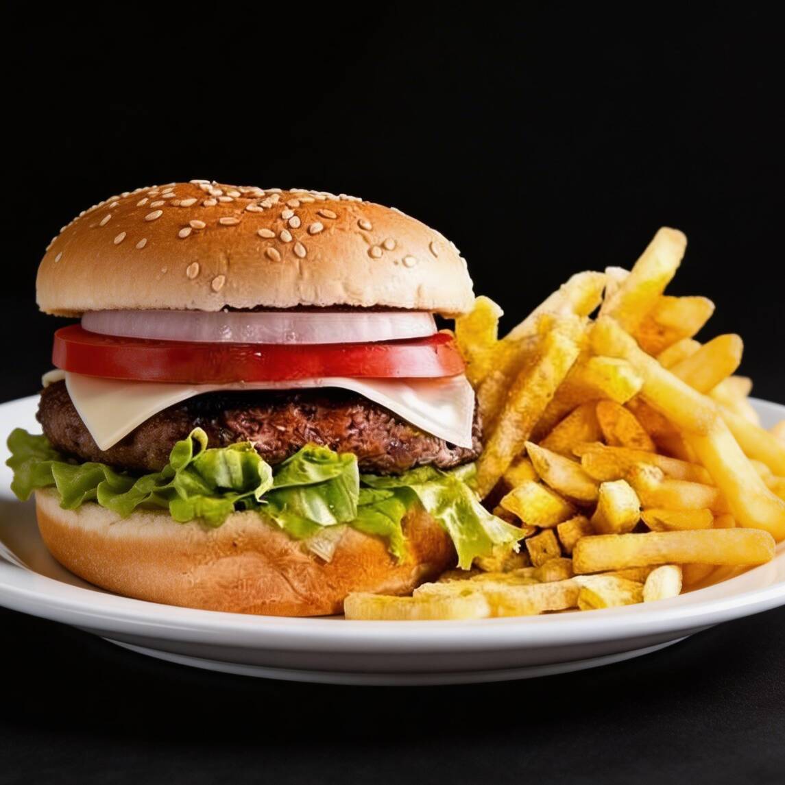 X tudo ( maionese, hambúrguer, calabresa, bacon, ovo, mussarela, presunto,alface e tomate) com batata fritas.