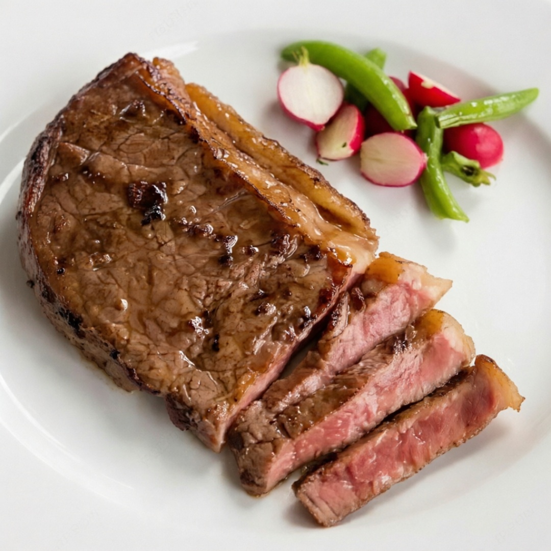 Contrafilé no braseiro forte, temperado com sal grosso e selado para criar crosta dourada sem perder a suculência. A capa de gordura chega ao ponto “de ouro”, perfumada pela fumaça. A carne descansa, é fatiada no sentido correto e volta rapidamente à grelha para concentrar sabor. Resultado: interior macio, sabor intenso e aquele clássico de churrasco que fala por si.