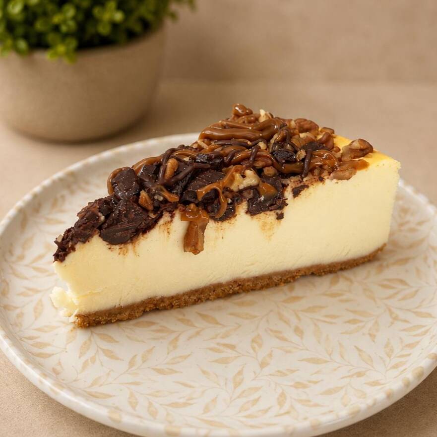 PAY DE QUESO CON CHOCOLATE, CAJETA Y NUEZ