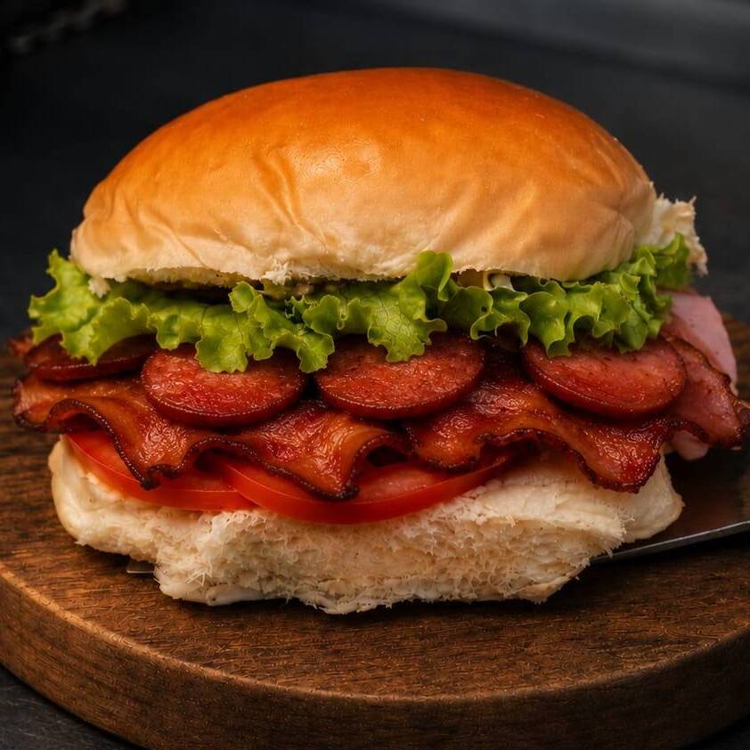 Pao De Hamburguer Fresquinho,Hamburguer Perdigao ,Maionese,Presunto,Queijo Mussarela, Fatias De Bacon, Uma Porçao De Calabresa,Alface E Tomate.