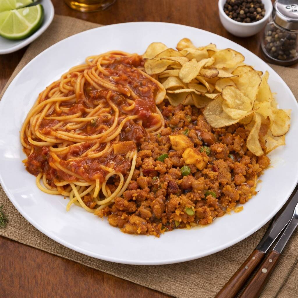 Tropeiro( feijão carioca, linguiça calabresa, bacon, linguiça suína, ovos mexidos, farinha de mandioca), espaguete ao molho bolonhesa e batata caseira frita.