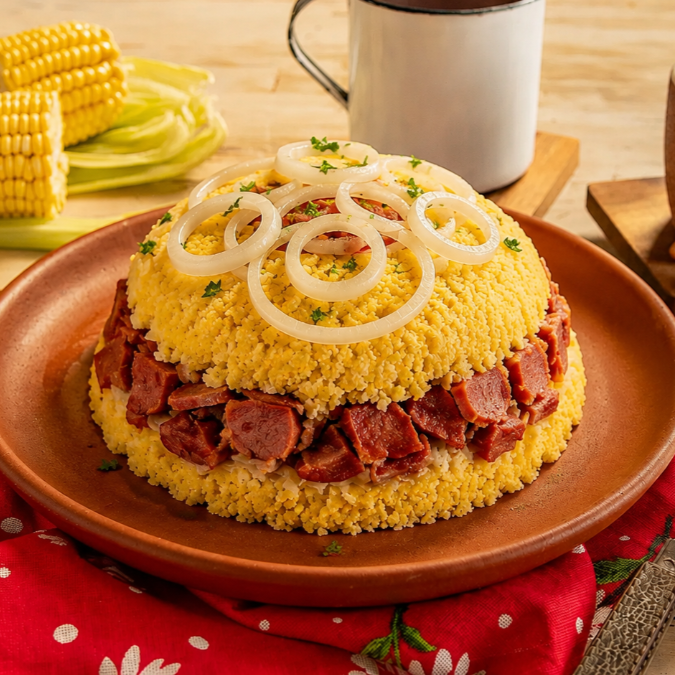 Cuscuz nordestino fofinho recheado com calabresa suculenta e finalizado com rodelas de cebola fresquinhas por cima. Simples, saboroso e perfeito para matar a fome com muito gostinho nordestino! 😋🔥