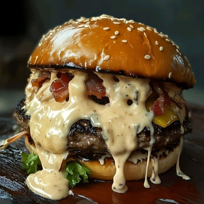 1 hamburguer, 1 ovo, bacon, presunto, mussarela, catupiry, salada.