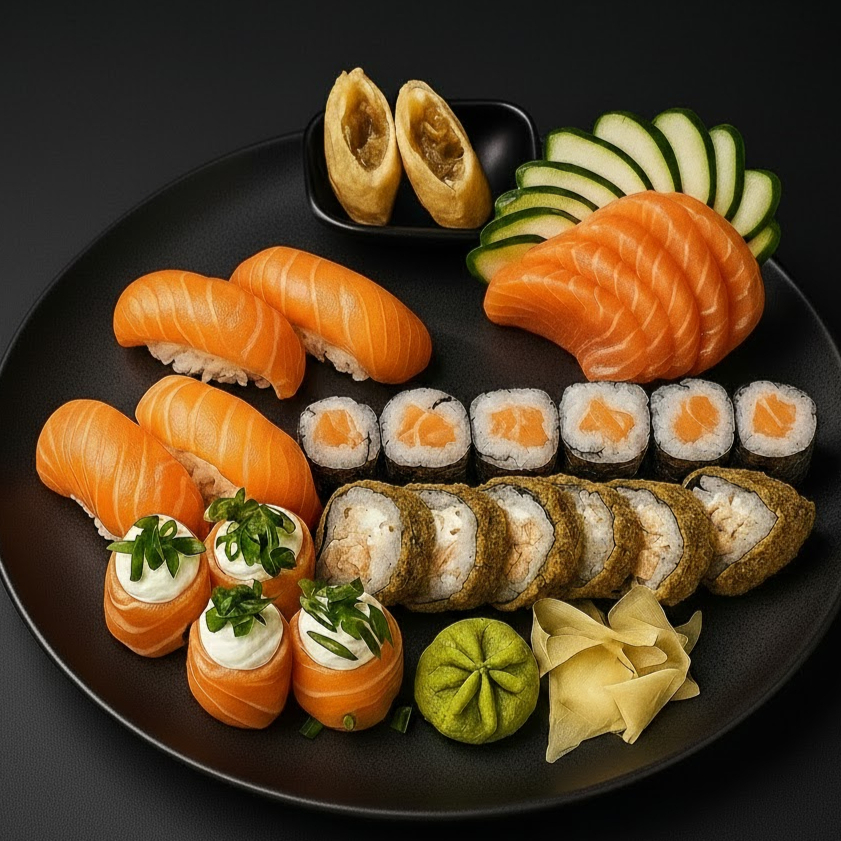 5 Sashimis Salmão, 4 Sushis Salmão, 6 Filadelfias Salmão, 6 Hots Salmão Filadelfia, 4 Joe Joe Salmão, Harumaki Doce de Leite