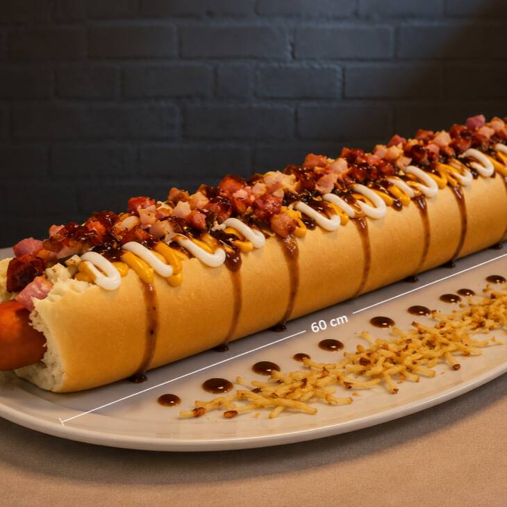 Pão, salsicha,carne moida, cheddar,Catupiry, cebola, tomate, milho, cenoura, ervilha, batata palha, pure, queijo maçaricado,barbecue, maionese (caseira)