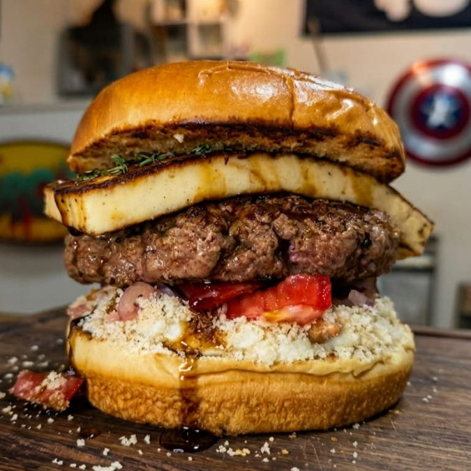 Pão, Molho de Alho, Hamburguer Artesanal de 160 gramas, Queijo Coalho, Vinagrete, Farofa e Melado de Cana