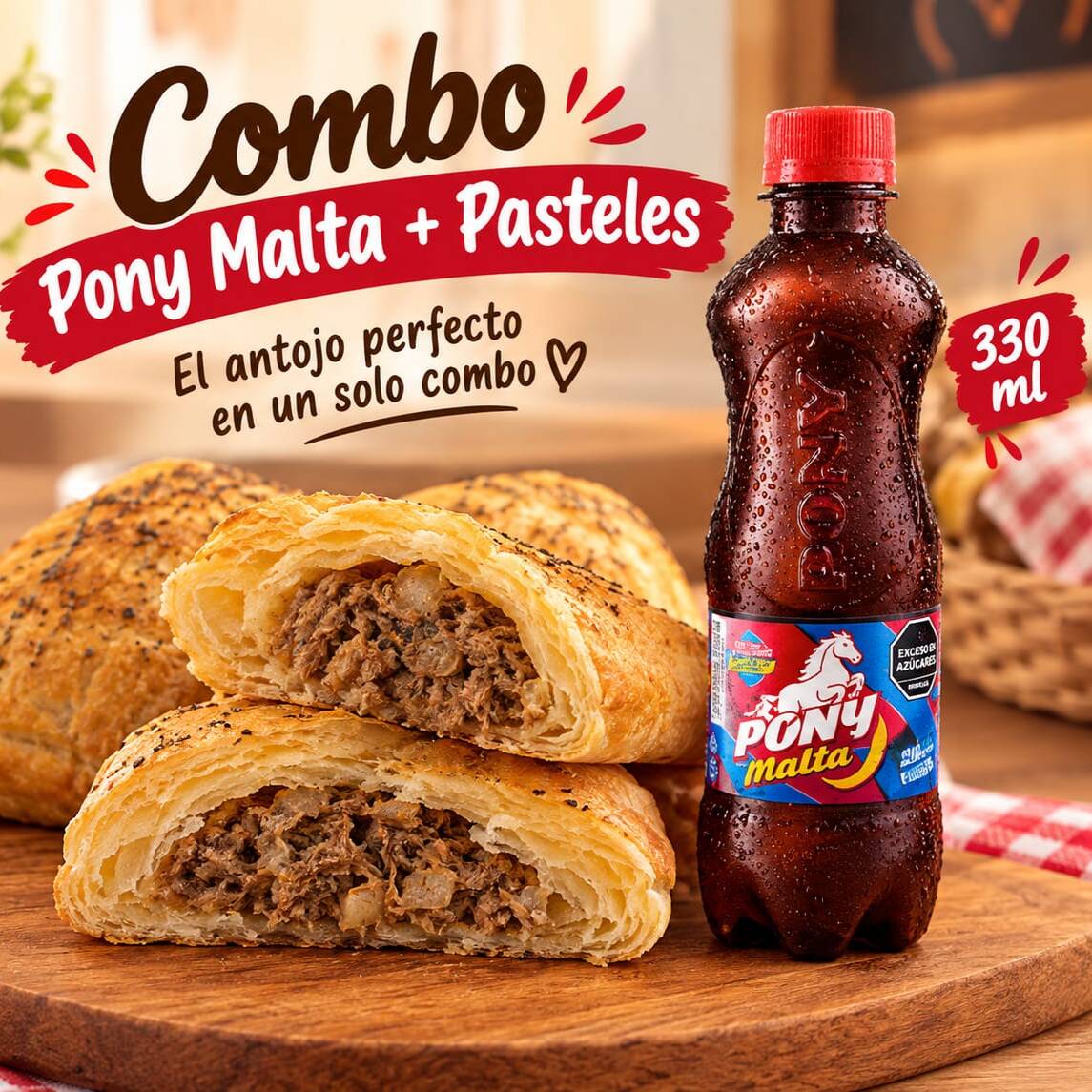 2 Pasteles de Hojaldre + 1 Pony Malta 330 Ml