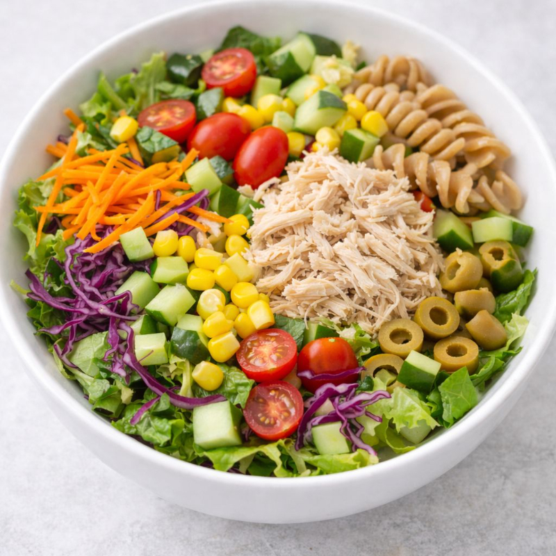 Alface, Repolho Roxo Ralado, Macarrão Integral, Cenoura Ralada, Frango Desfiado, Tomate, Pepino, Azeitona e Milho.