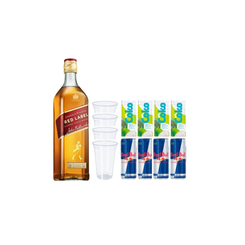 Combo Whisky Red Label 1l + 4 Red Bull + 4 gelos
