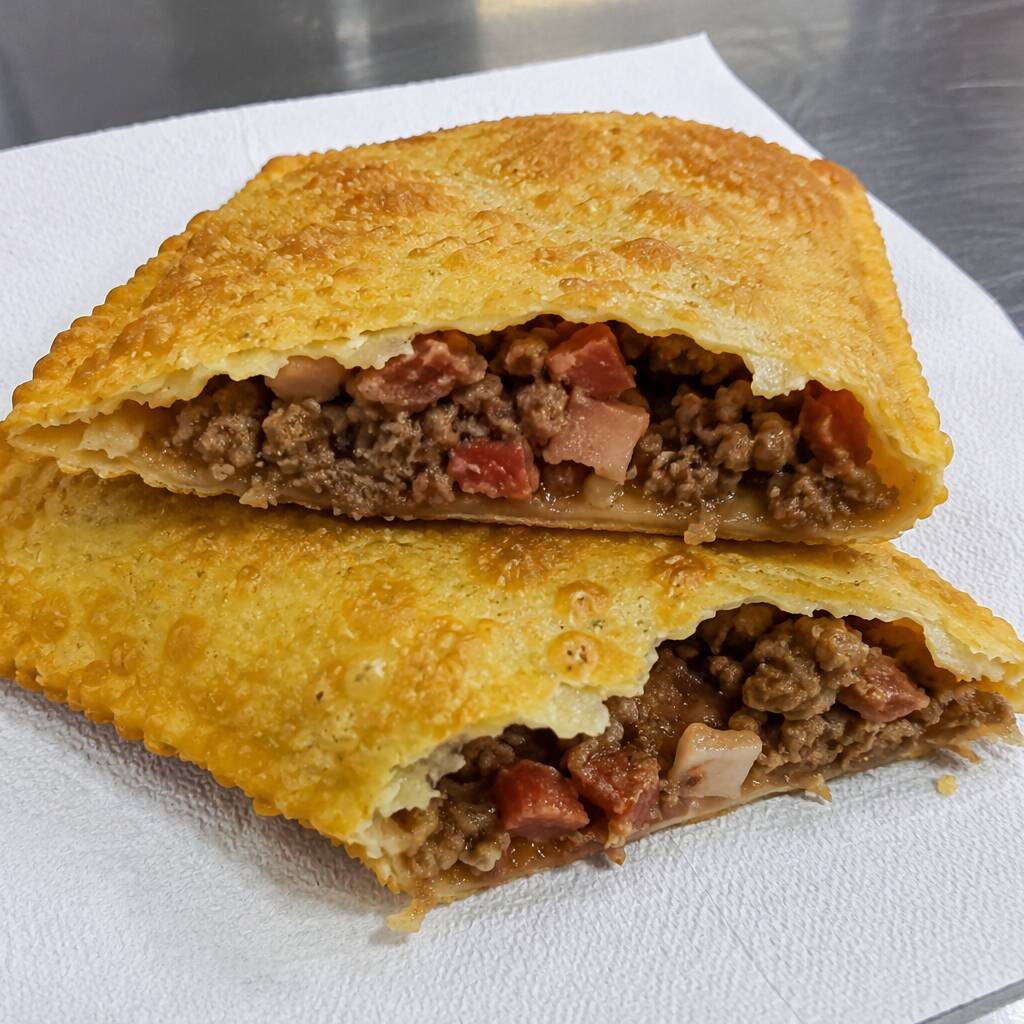 Carne moída bem temperada e suculenta, combinada com bacon douradinho e crocante, trazendo aquele sabor defumado irresistível. Um recheio caprichado e cheio de personalidade, envolvido em uma massa sequinha, crocante e douradinha. 🤤