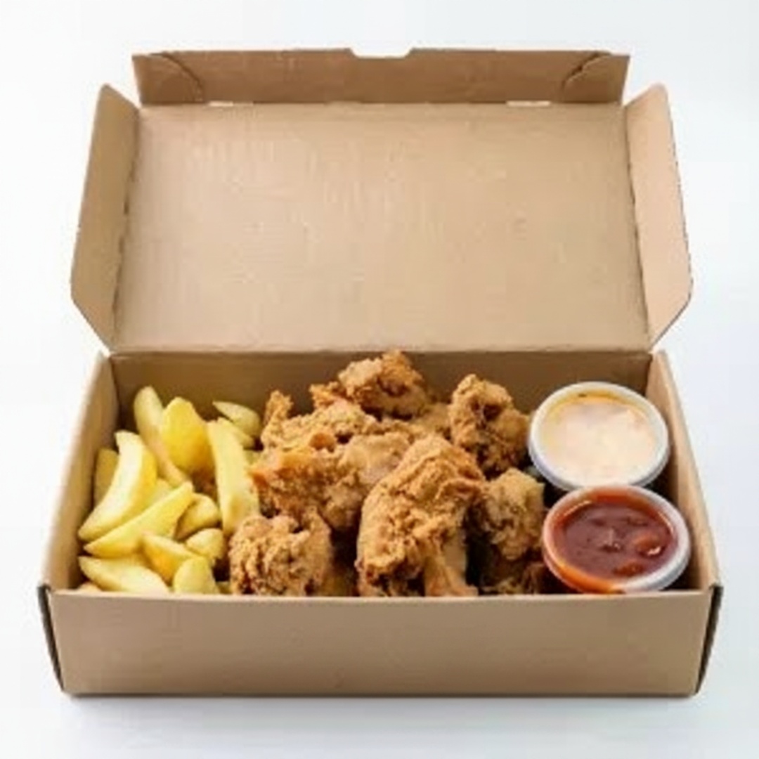 Frango à passarinho + acompanhamento + 2 molhos Obs: Todos os nossos cortes de frango são empanados com o exclusivo tempero Chicken Box