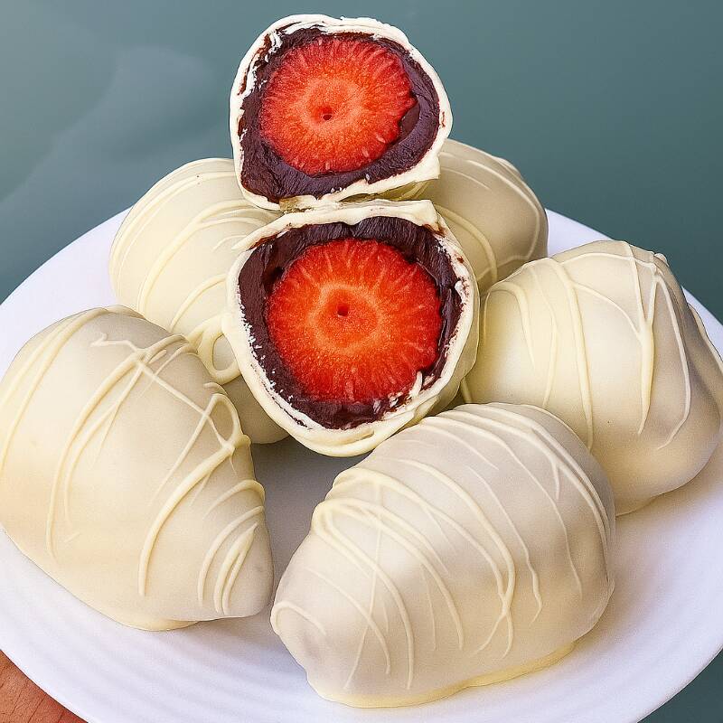 Delicioso bombom artesanal feito com morango fresco envolto em uma camada cremosa de brigadeiro com cacau 50% e coberto com chocolate branco. Uma combinação irresistível de sabor frutado e doce, perfeita para presentear ou saborear em momentos especiais. Produção diária. (aprox 100g)