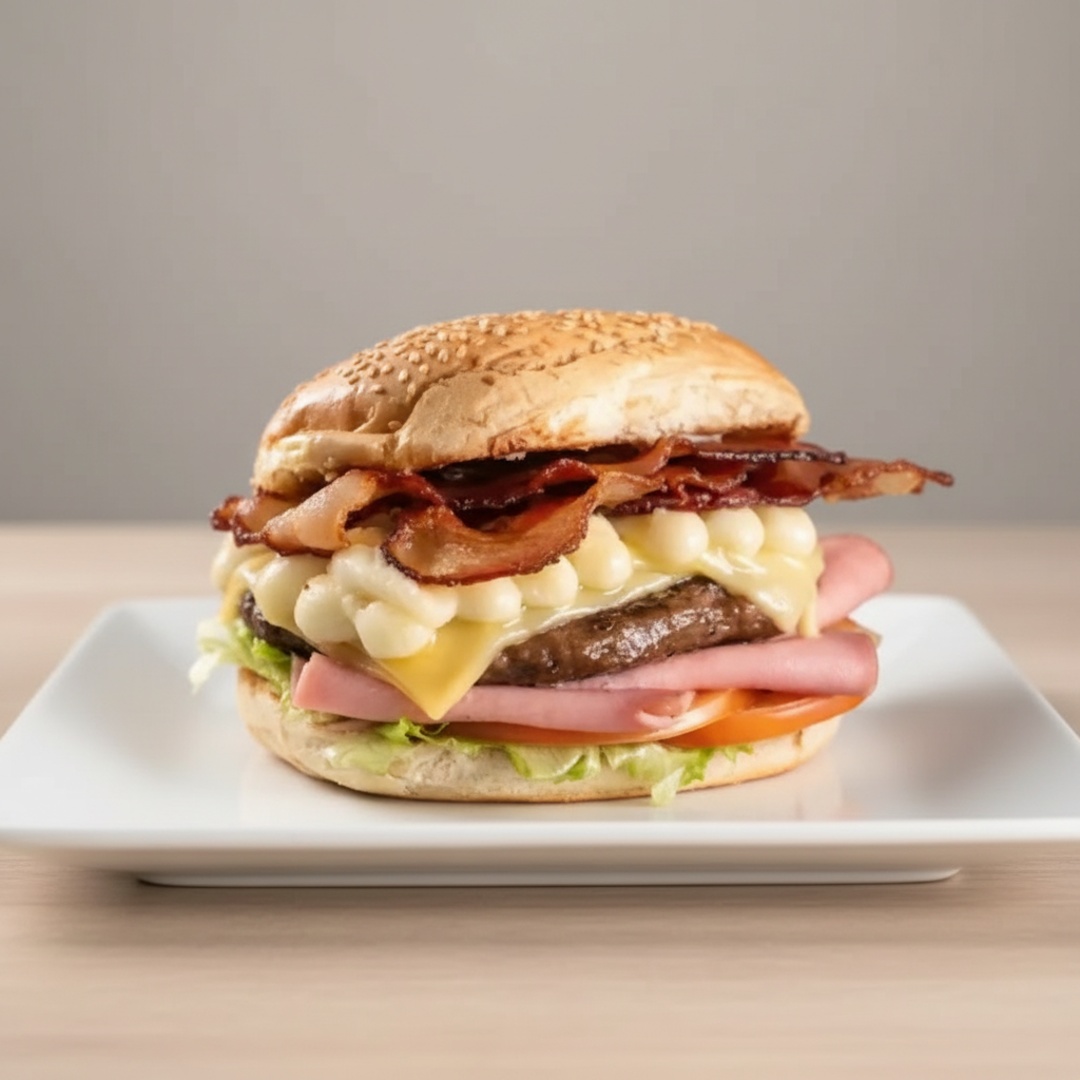 Hambúrguer Com Bacon, Ovo, Presunto, Queijo, Alface, Tomate E Milho.