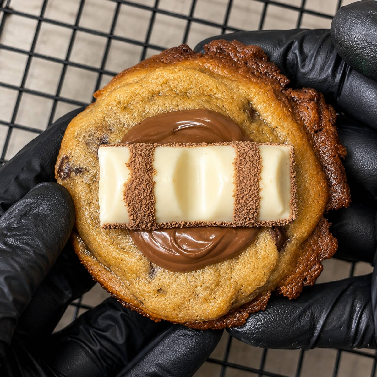 Cookie artesanal de baunilha com gotas de chocolate, crocante por fora e macio por dentro. Recheado com creme de kinder e finalizado com uma barra de Kinder Chocolate, criando uma combinação irresistível de cremosidade e sabor.