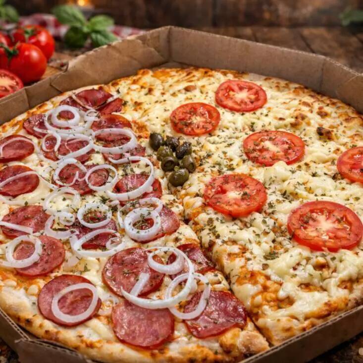 Pizza 2 sabores e de 35cm, cortada em 8 fatias, sendo 4 fatias de cada sabor.