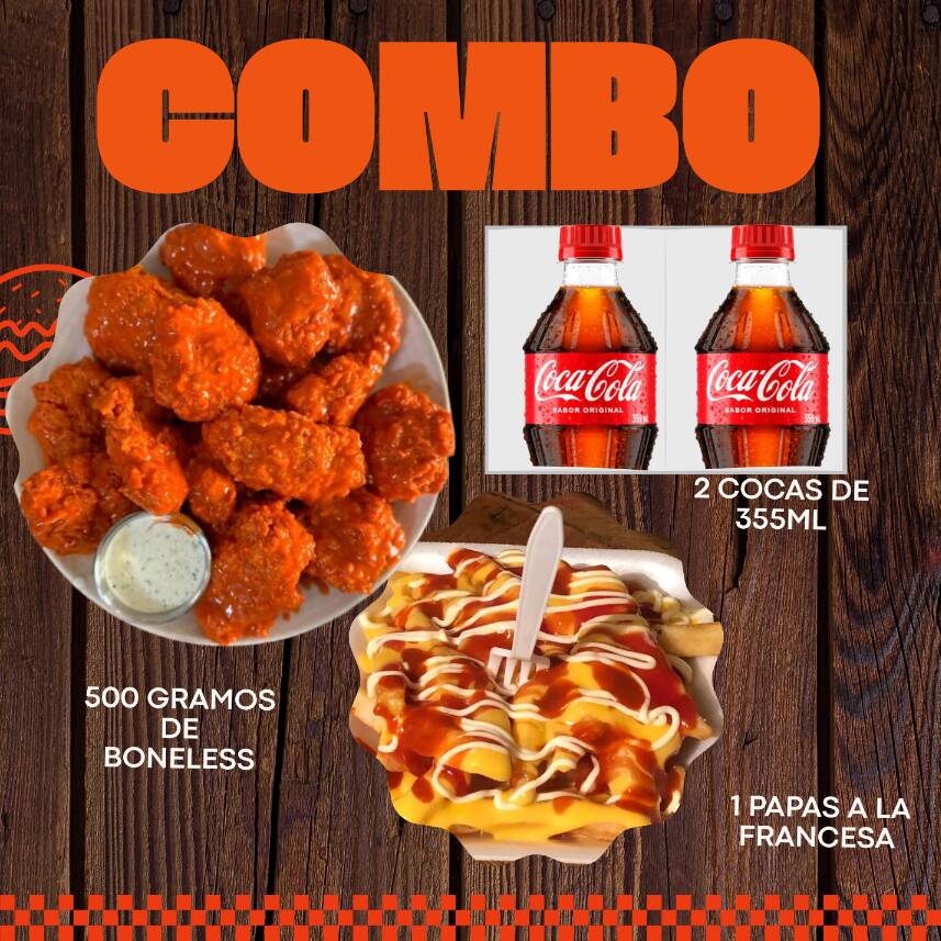 500 gr BONELESS+ 1 PAPAS+ 2 COCAS 355ML