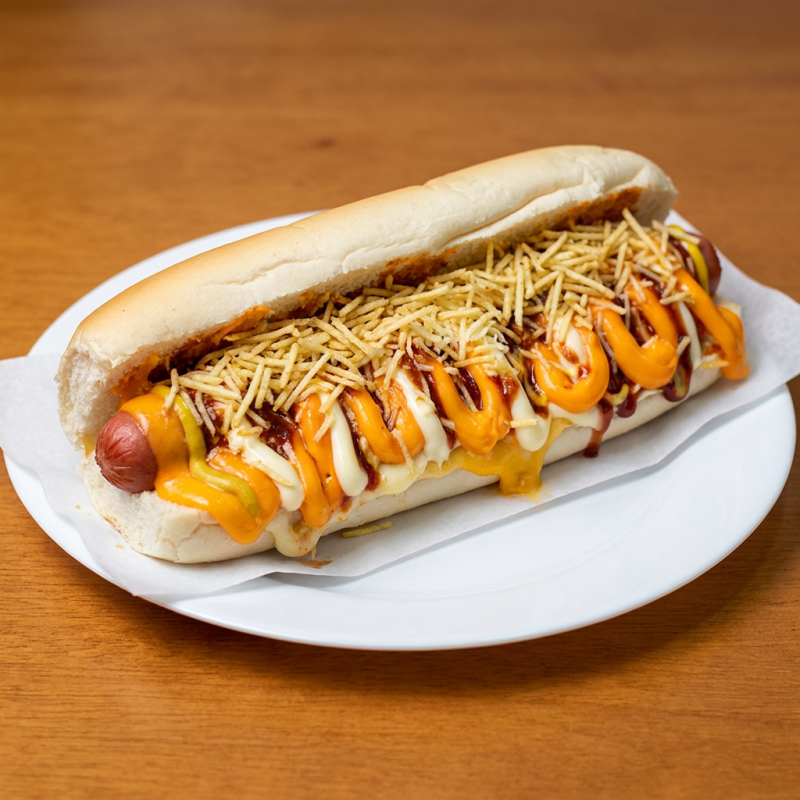 Pão 30cm, duas salsichas, ketchup, mostarda, maionese temperada, barbecue, queijo ralado, batata palha, cheddar, Catupiry, molho brutos.