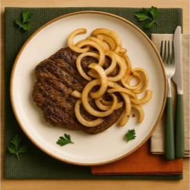 Porção 100g de Bife grelhado e finalizado com cebolas douradas, trazendo sabor intenso e aroma irresistível ao seu prato.