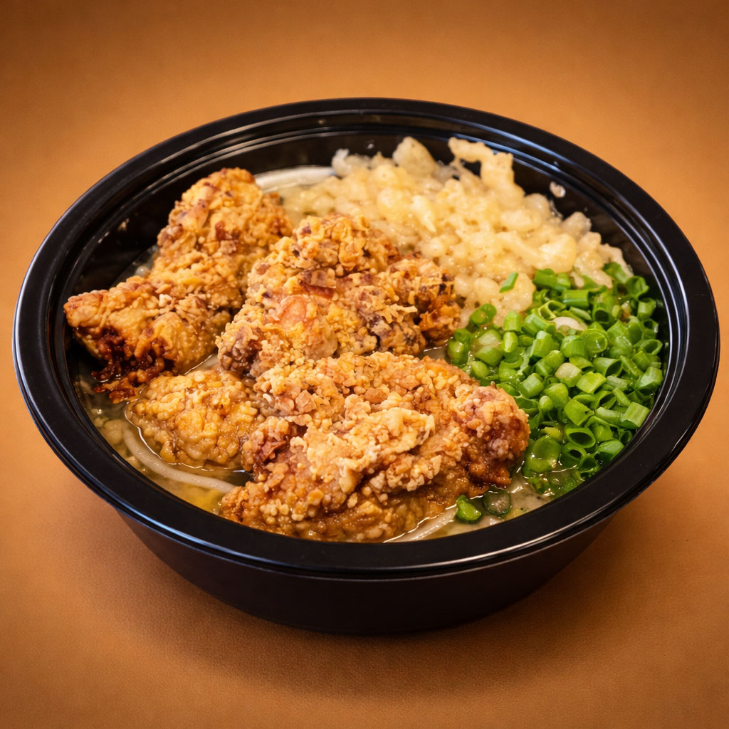 Udon kara ague é um prato muito saboroso e leve. Seu caldo é a base de katsuobushi (raspas de bonito) e seu macarrão é artesanal, mais macio e grosso. A proteina que acompanha o prato é o kara ague (frango a passarinho japonês). Muito saboroso! Prove!