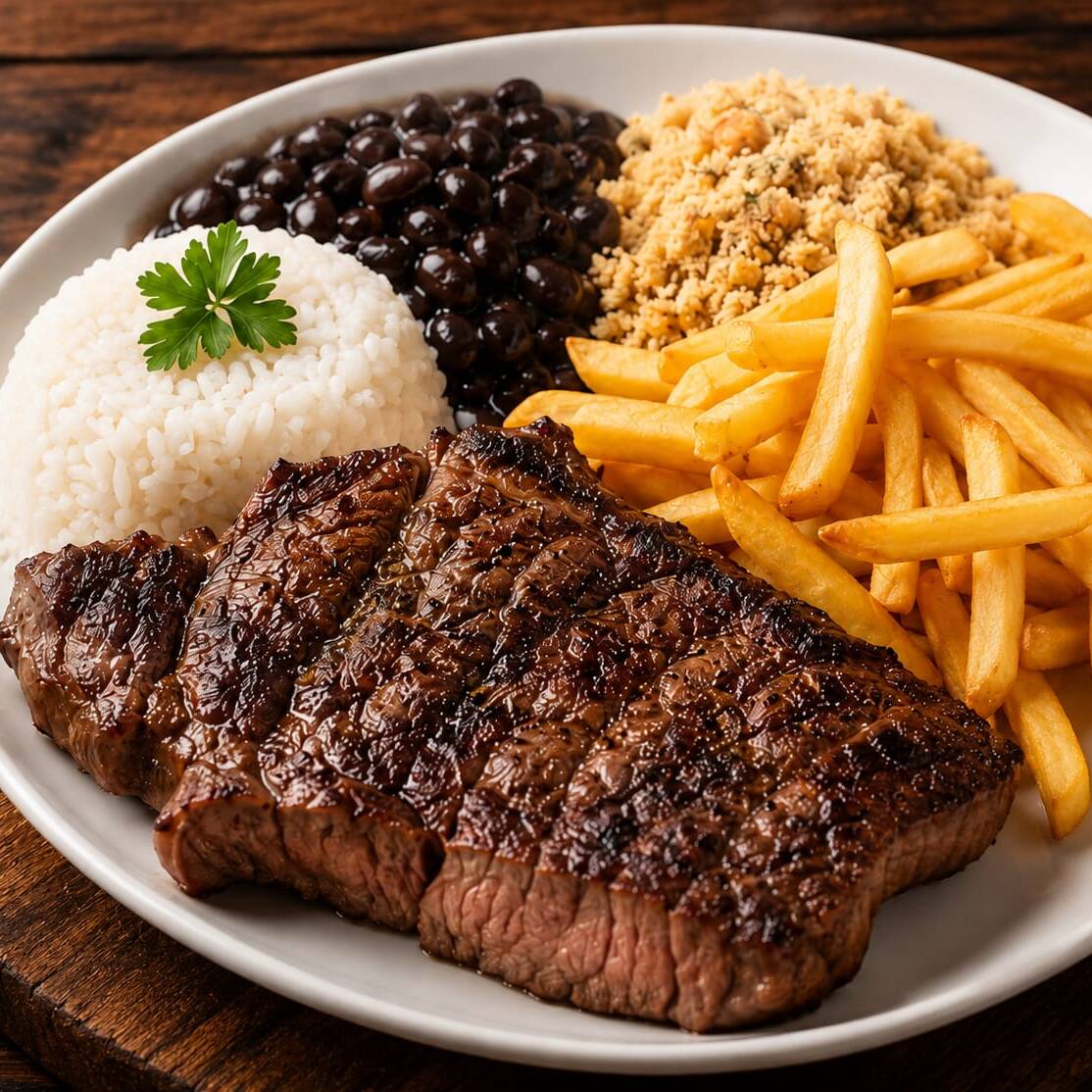 Contra filé acompanhado ao arroz soltinho batatas fritas farofa e feijão muito bem temperado .