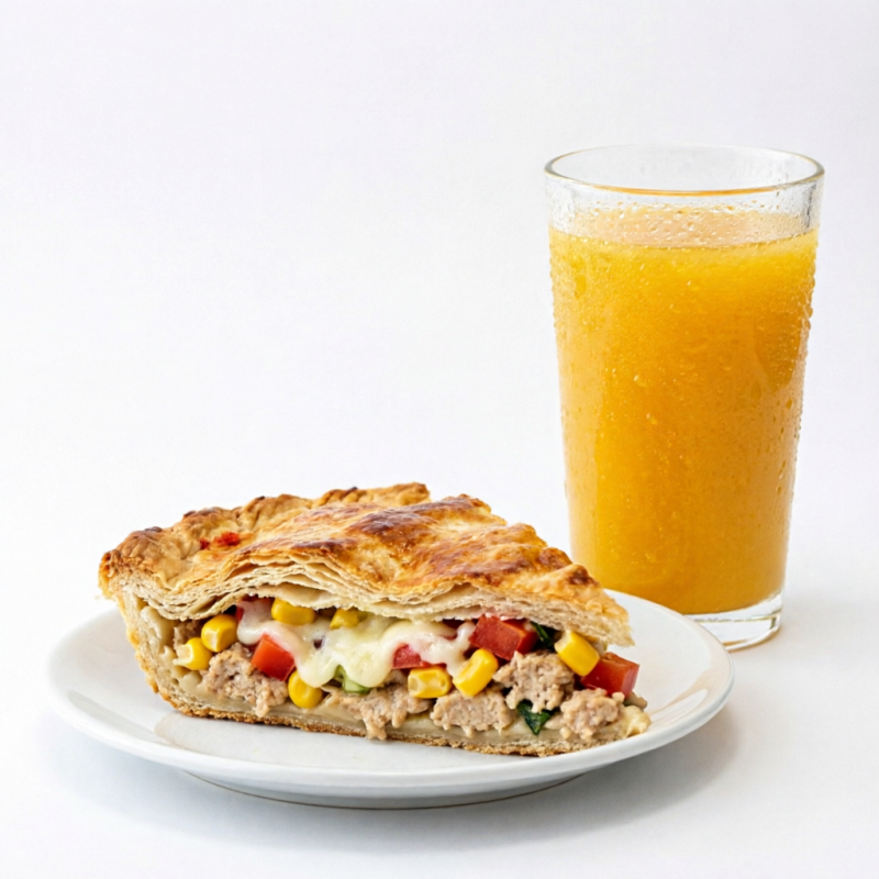 1 torta de frango caseira, com queijo, tomate e milho + 1 suco de laranja (natural) 500ml.
