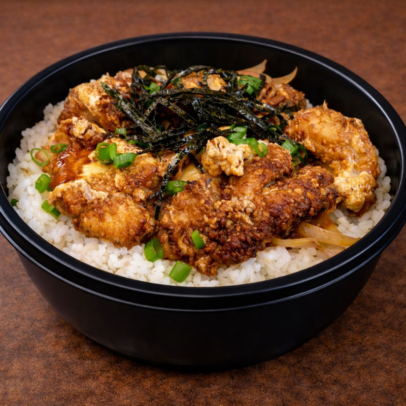 Este prato consiste em frango coxa sobre coxa desossado frigo refogado em cebola, ovo e molho especial. Este refogado vai sobre uma porção de arroz japonês (gohan). Porção para uma pessoa. Arroz, frango coxa sobre coxa desossado e frito com ovos, cebola e molho.