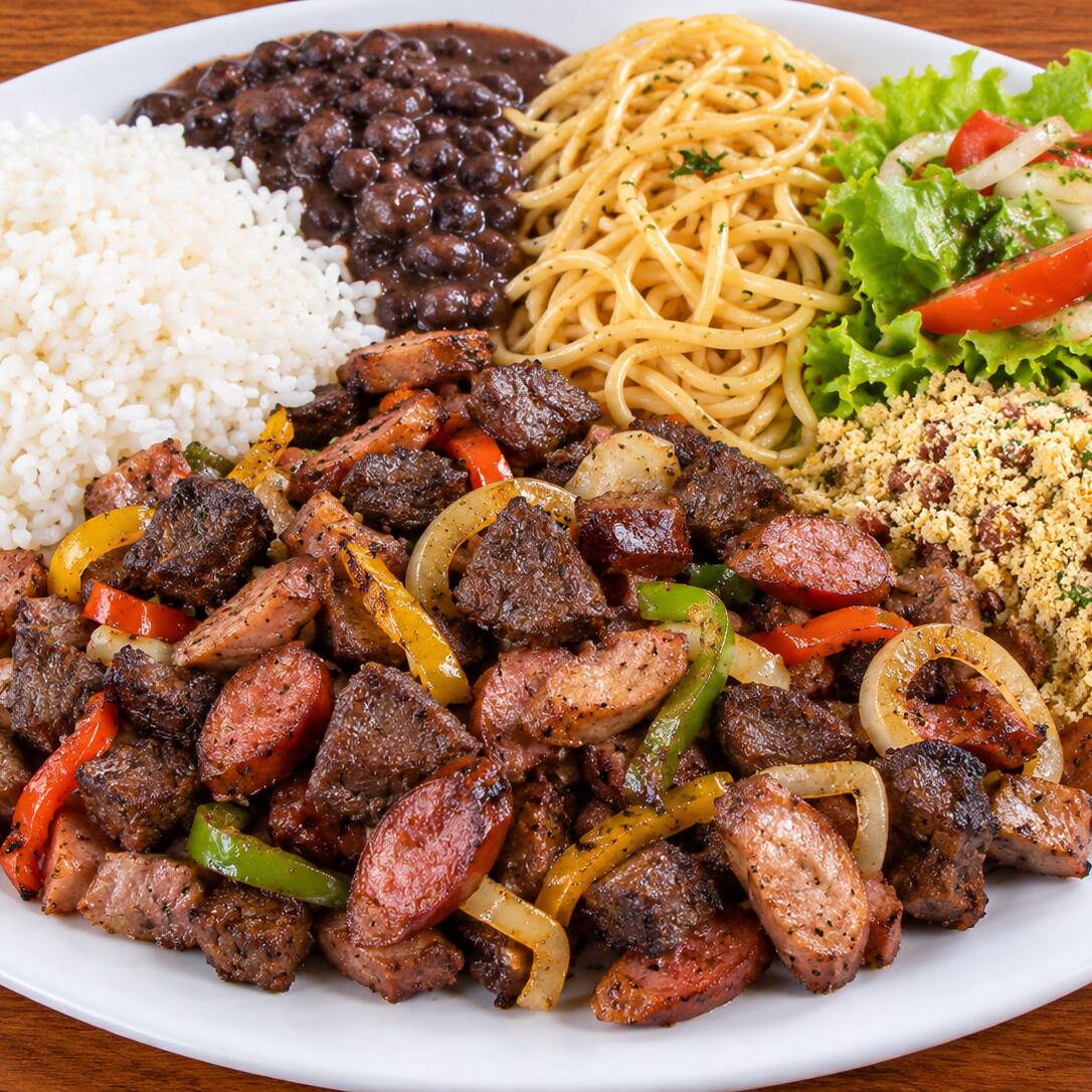 Acompanhamento arroz, feijão, Macarrão, salada e farofa