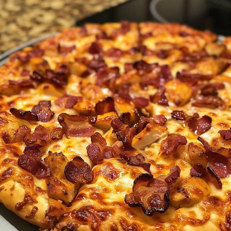 Uma combinação perfeita de frango e bacon crocante, molho de tomate, queijo mussarela, tomate, azeitona e orégano.