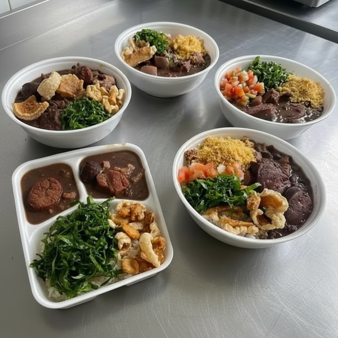 Nossa feijoada é feita todos os dias! Arroz fresquinho, feijão preto com Calabresa, Paio. Bacon, Pernil, Costelinha suína e carne salgada defumada, Torresmo a pururuca crocante, vinagrete temperado, couve refogada, farofa de calabresa. Esse prato acompanha: 1 marmita média e 1 marmita pequena de Feijoada completa.