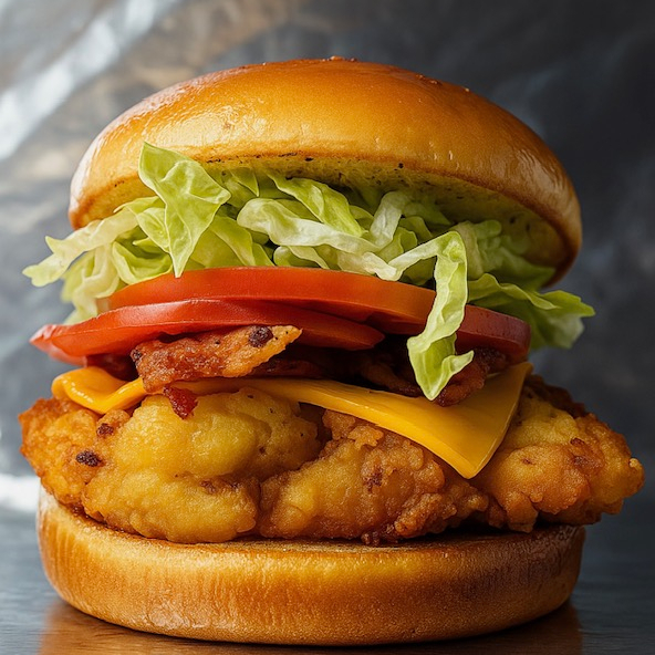 FRANGO CROCANTE CLASSICO, FATIA GENEROSA DE QUEIJO CHEDDAR, FATIAS DE BACON, ALFACE CROCANTE, TOMATE E MOLHO ESPECIAL RICO'S NO PÃO DE BRIOCHE