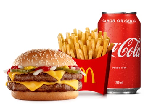 Dois hambúrgueres (100% carne bovina), mostarda, ketchup, cebola, queijo cheddar e pão com gergelim, acompanhamento e bebida