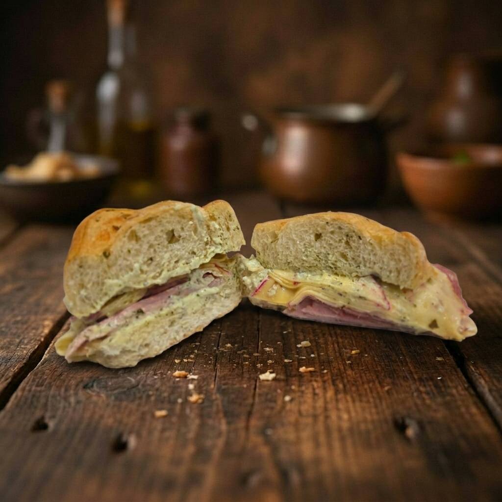 Sanduíche recheado com pasta de ervas finas, queijo gouda, presunto e salame italiano com sabor marcante e levemente apimentado, que se complementam e criam um sanduíche encorpado e sofisticado.