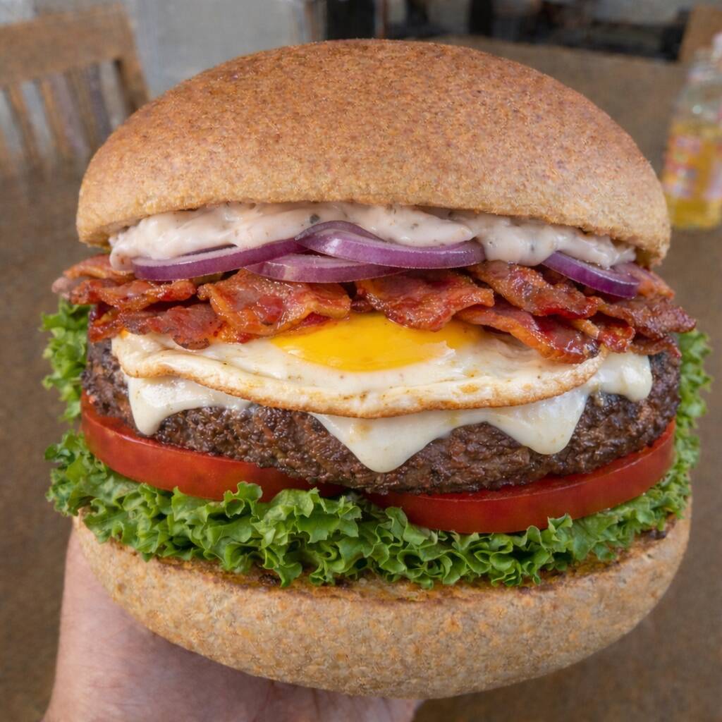 Pão brioche com gergelim, hambúrguer 160g, queijo mussarela, bacon fatiado, ovo, cebola roxa, alface, tomate, maionese artesanal.