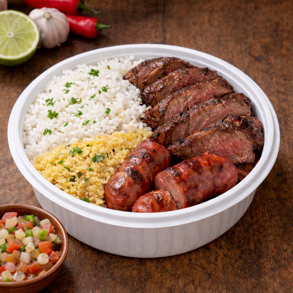 arroz, feijão, carne assada, linguiça, maionese e farofa.