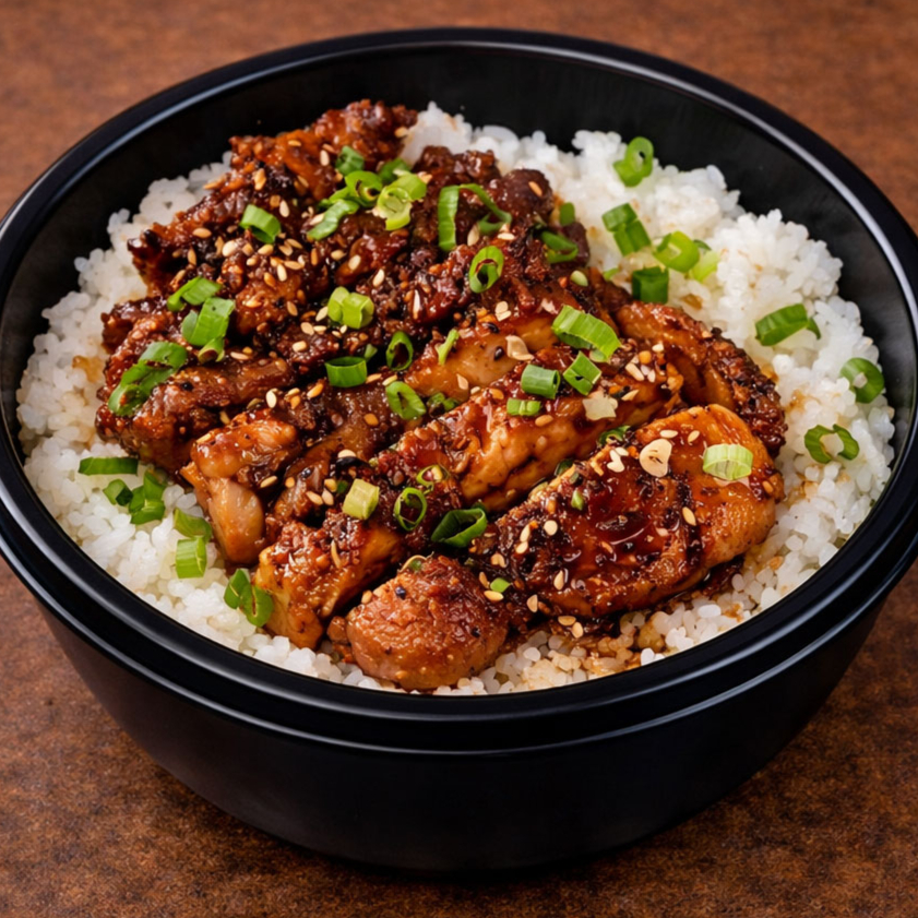 Donburi chicken teriyaki é o filé de coxa e sobrecoxa grelhada e depois marinada em molho teriyaki. O prato é montado com arroz japonês (gohan) na parte inferior, yakinori (alga) em tirinhas e o filé com molho teriyaki na parte superior. Finaliza com cebolinha verde. Muito saboroso.