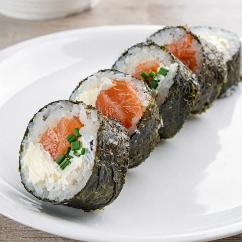 Arroz japonês, salmão, manga e pepino.