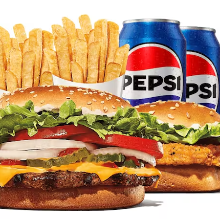 Primeiramente escolha seu sanduíche favorito: Chicken Duplo, Cheeseburger Duplo, Rodeio Duplo, Big King, Whopper Duplo Jr, Stacker Duplo ou Whopper.
Agora escolha mais um sanduíche: Chicken jr, Cheeseburger ou Rodeio. Agora seu combo está pronto! Acompanha 2 batatas fritas e 2 bebidas.