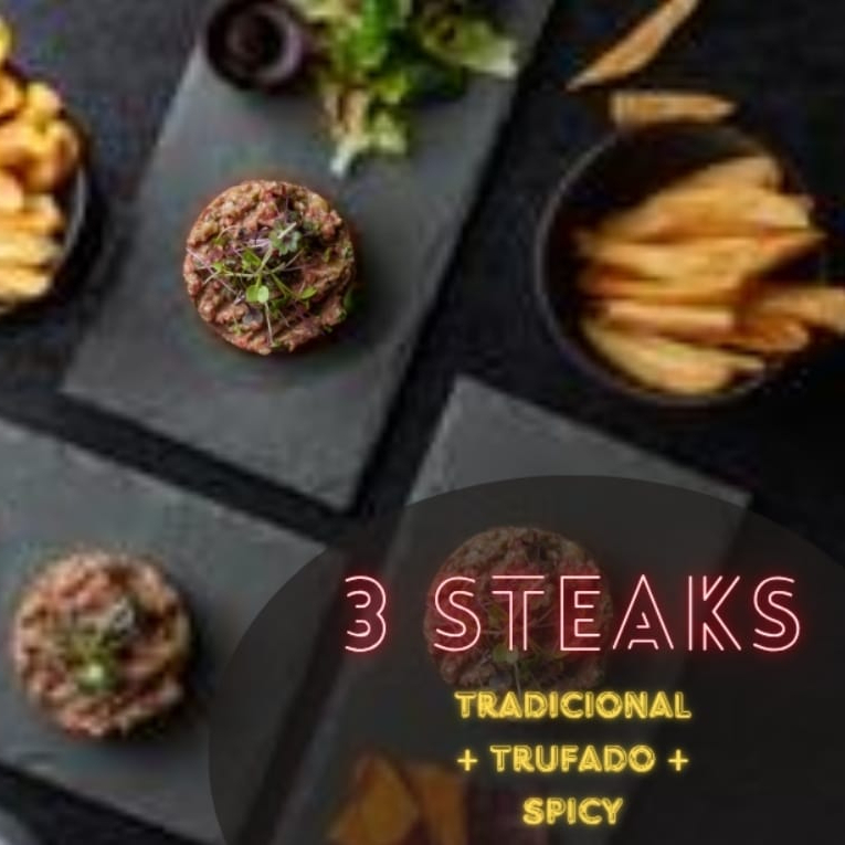 Carne fresca, alcaparra, picles, cebola roxa, molho especial (240g) + carne fresca, alcaparra, picles, cebola roxa, molho especial com trufado (240g) + carne fresca, alcaparra, picles, cebola roxa, molho especial com apimentado (240g) + escolher 3 acompanhamentos + 2 mousses